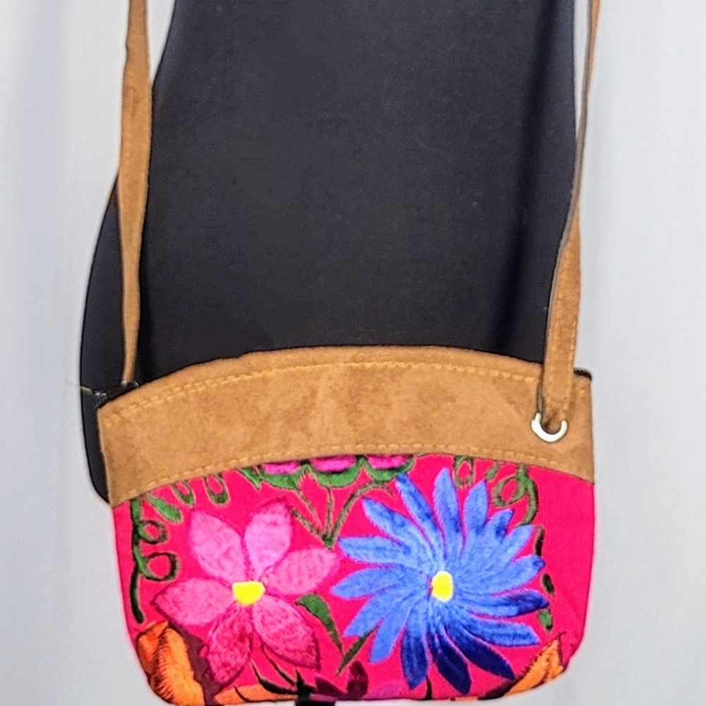 Embroidered Floral Crossbody Bag Boho Pink Small Shoulder Purse Artisan Style - Picture 3 of 8